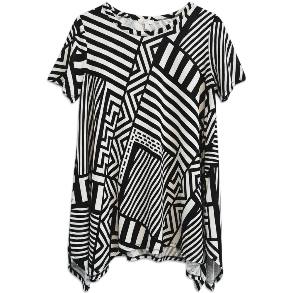 Oddi Tunic Top‎ Womens Large Black White Geometric Abstract Short Sleeve Artsy